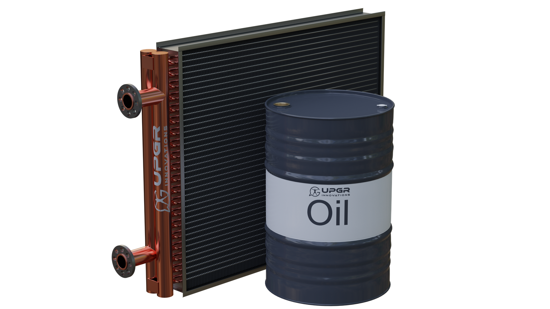 Finned heat exchanger beside a dark drum marked Oil