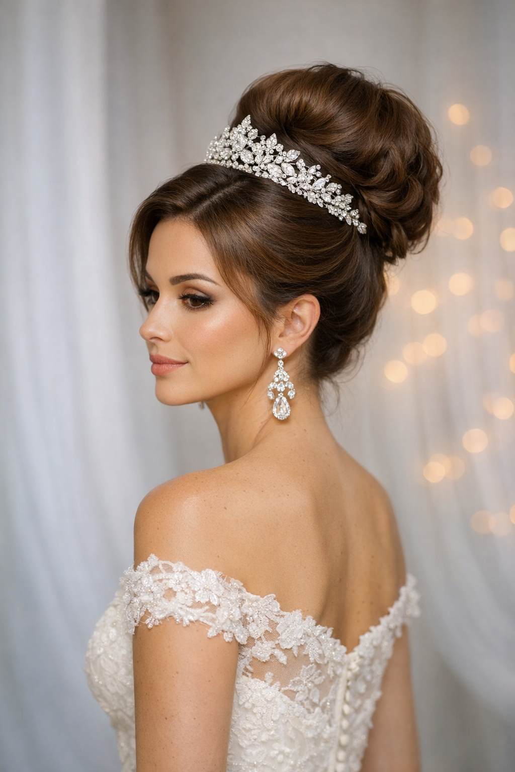 Bride with Modern High Bun wedding hairstyle, semi-side bridal view