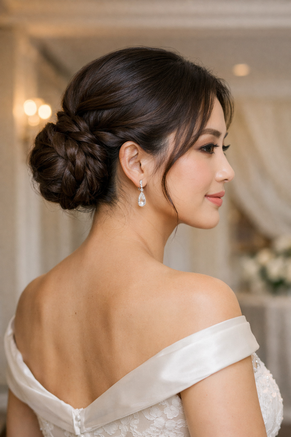 Bride with Braided Low Bun wedding hairstyle, natural-light bridal portrait