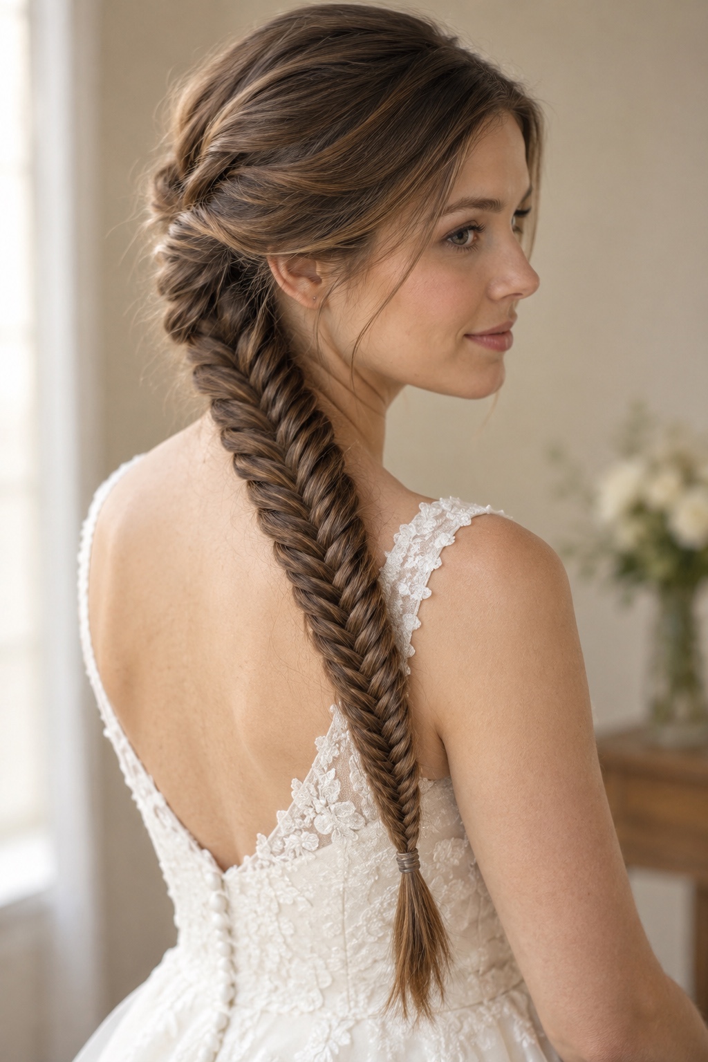 Fishtail braid with fine repeating V-shaped crossings.
