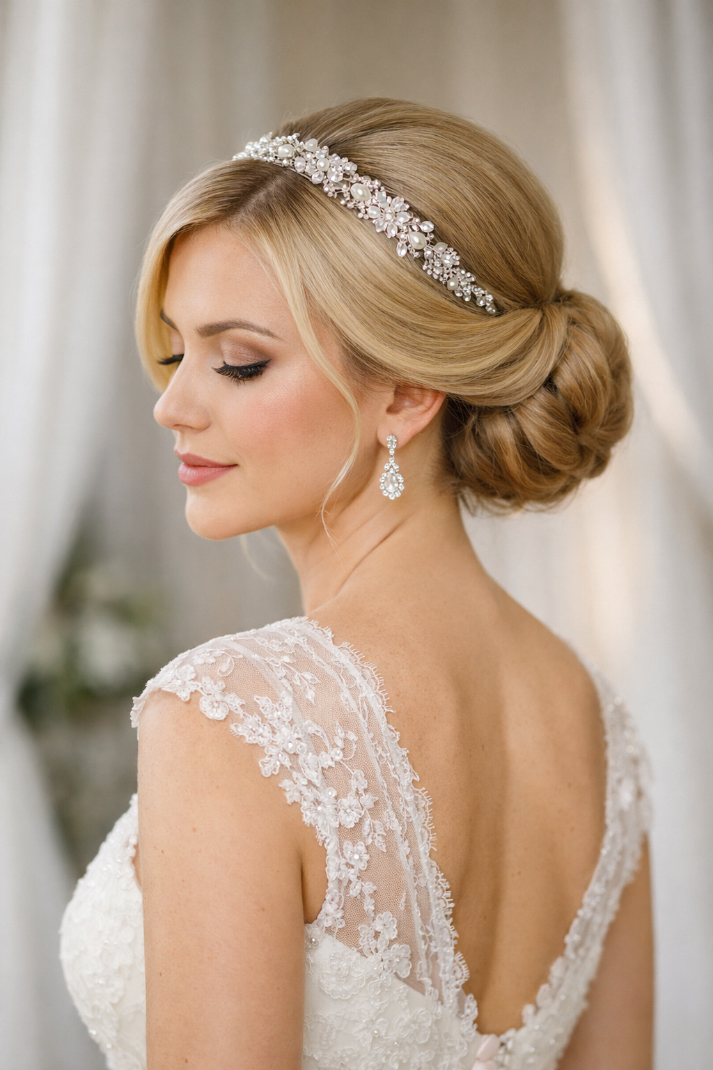 Bride with Chignon Low Bun wedding hairstyle, reception-ready shape detail