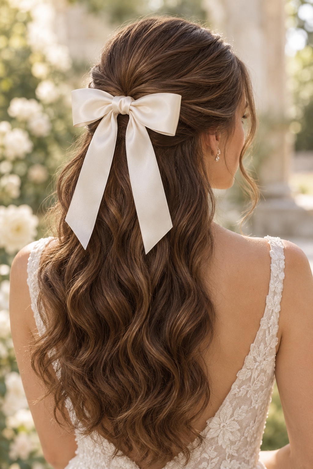 Half-up bridal hairstyle with an ivory satin bow, two loops and two ribbon tails above loose waves.