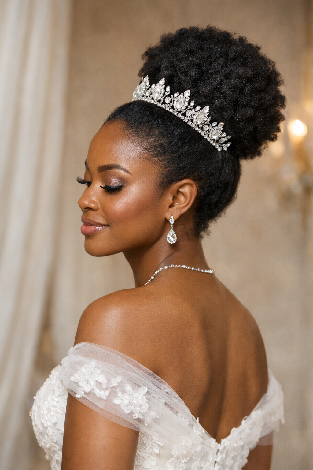 Bride with Elegant High Bun wedding hairstyle, front three-quarter bridal portrait