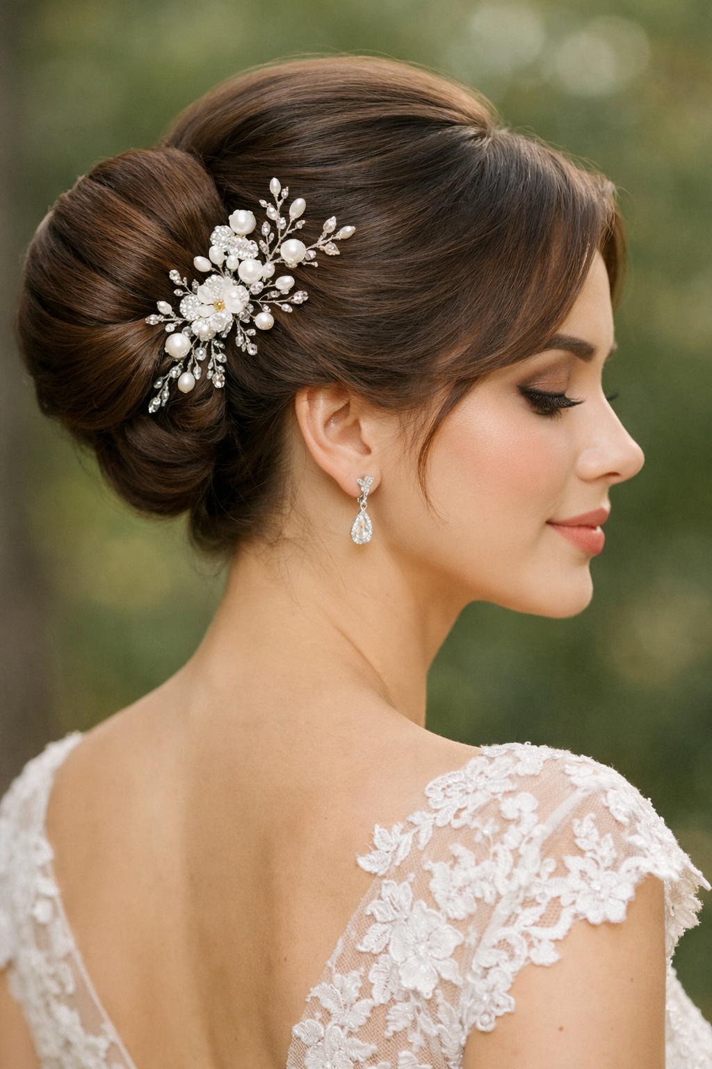 Bride with Pearl Low Bun wedding hairstyle, ceremony-ready back view