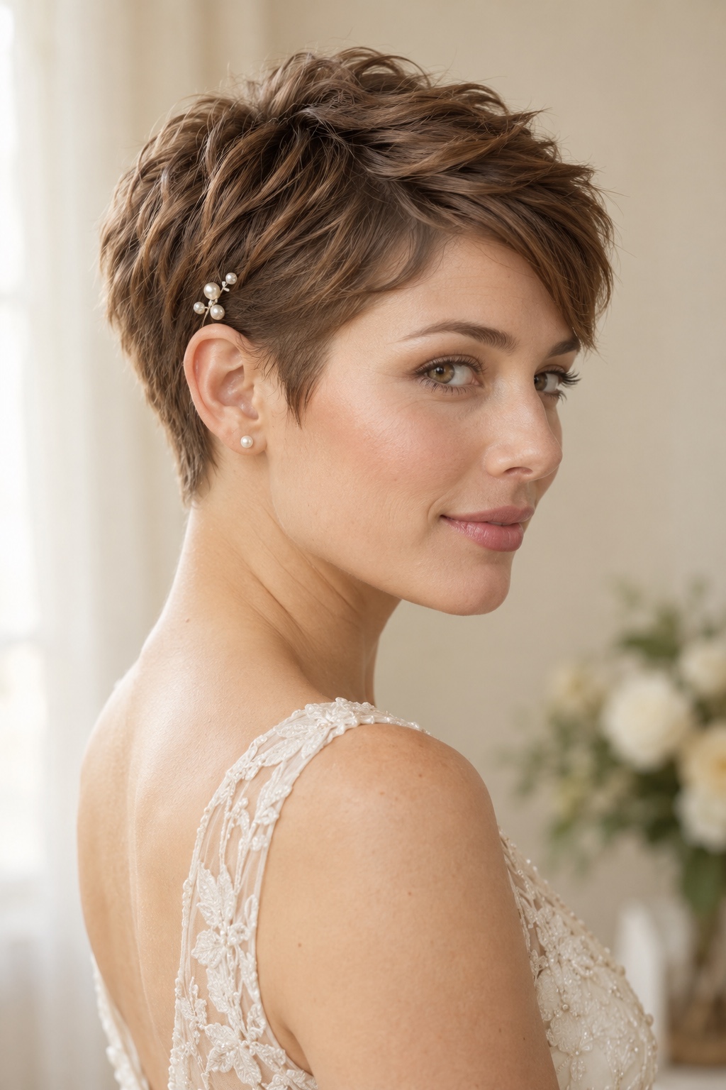 Short textured pixie with an exposed ear and a cropped nape.