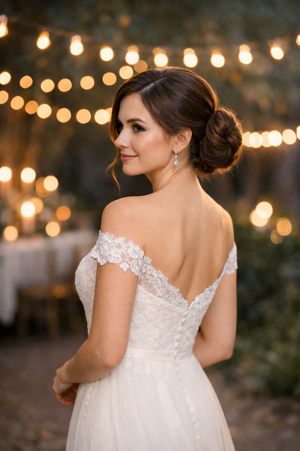 Bride with Romantic Low Bun wedding hairstyle, soft editorial bridal angle