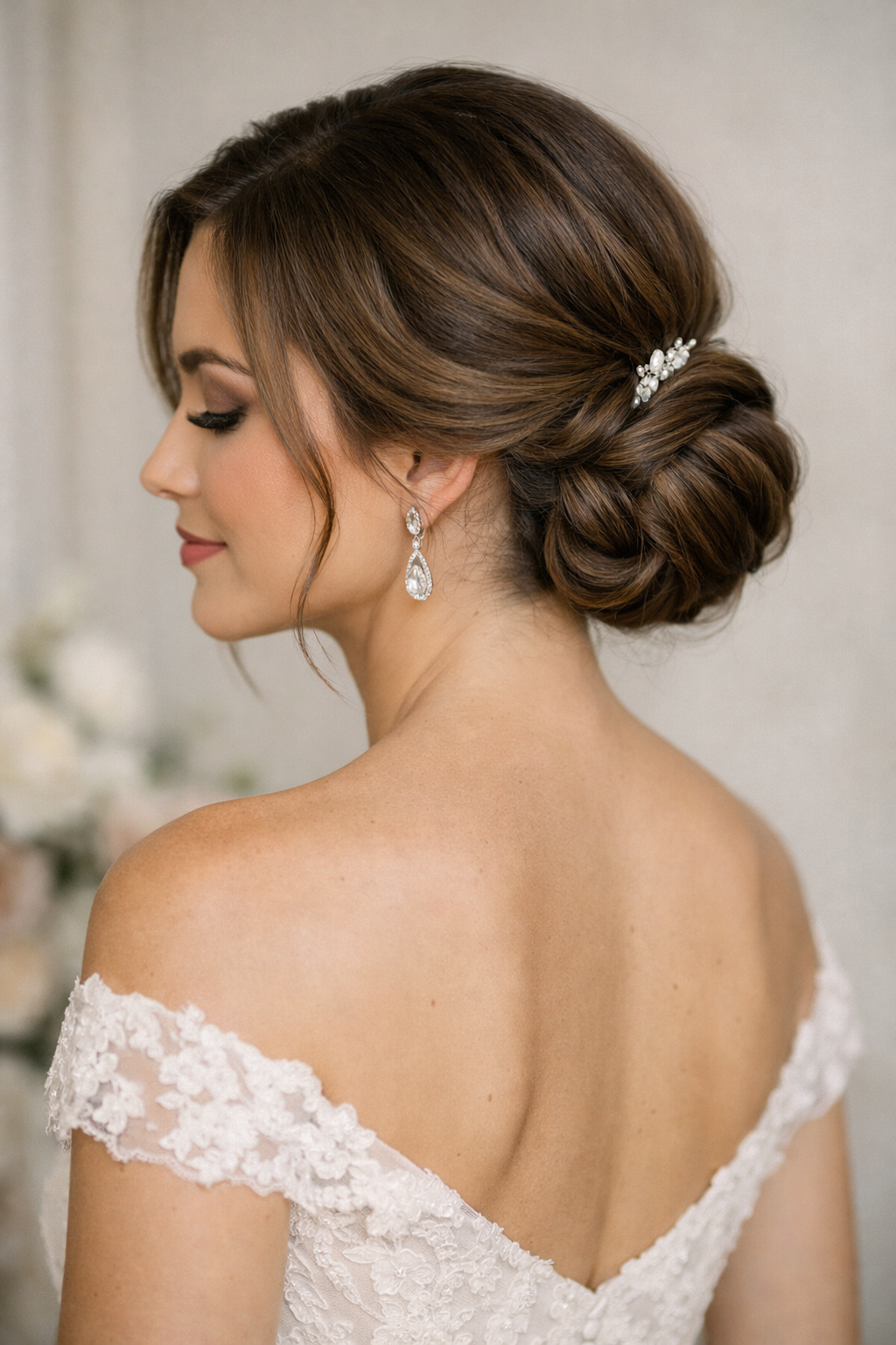 Bride with Twisted Low Bun wedding hairstyle, crown detail with accessory focus