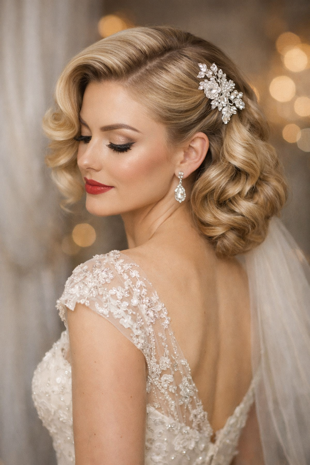 Bride with Loose Glam Waves wedding hairstyle, reception-ready shape detail