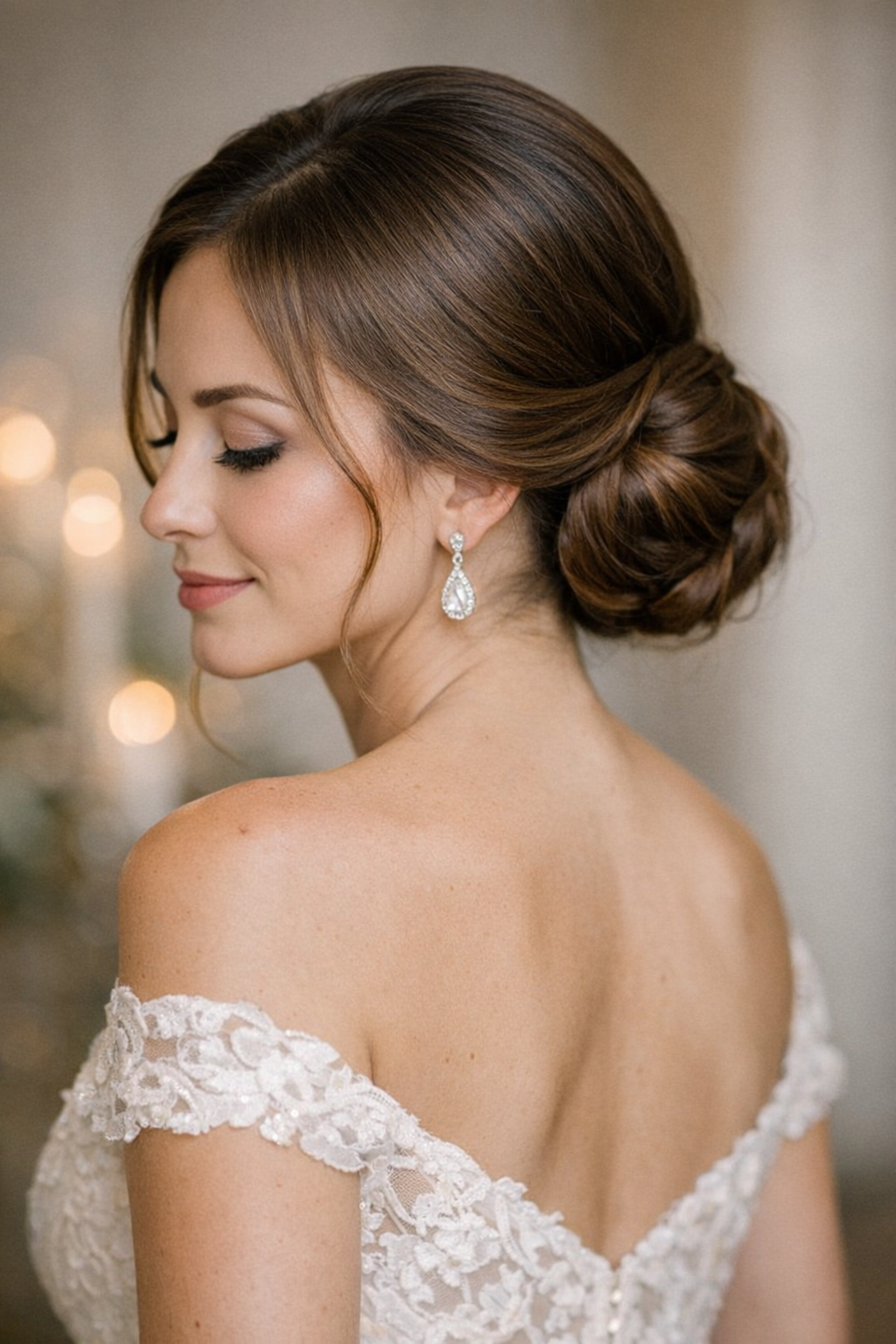Bride with Soft Volume Low Bun wedding hairstyle, side profile with soft movement