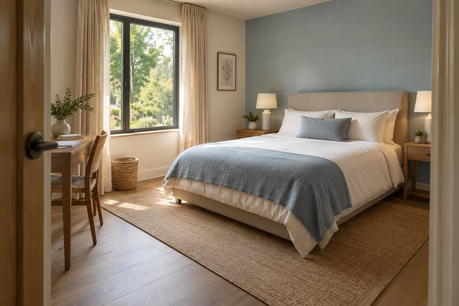 A bright room with a bed, writing desk and window.