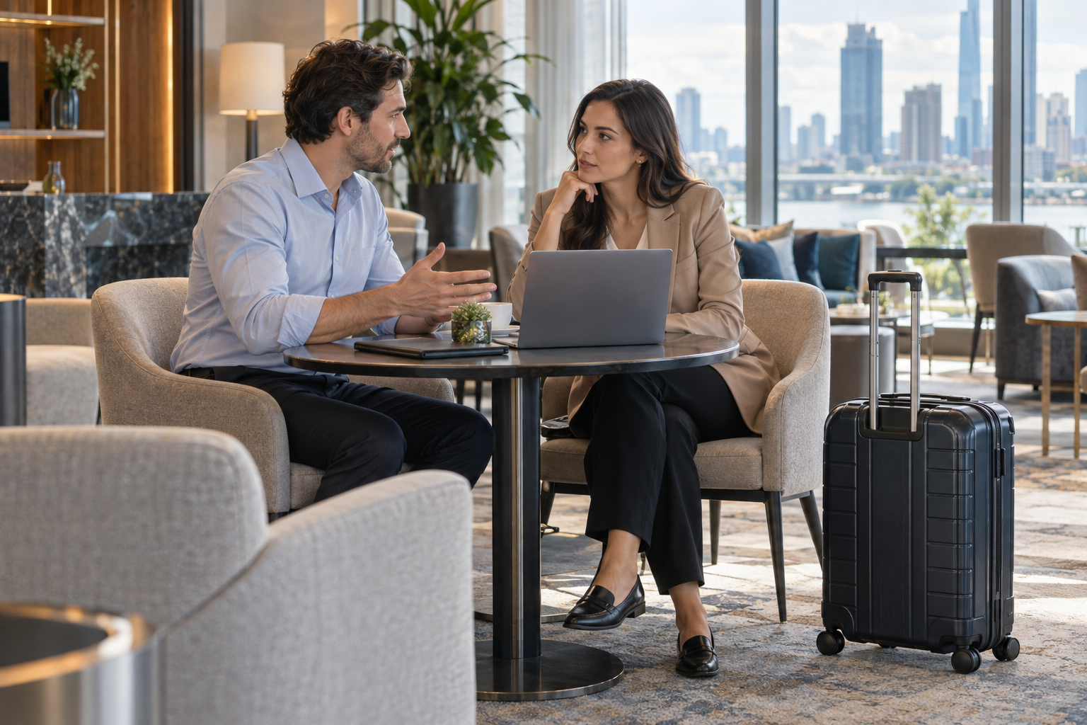 Two professionals meeting at a table with travel luggage beside them.