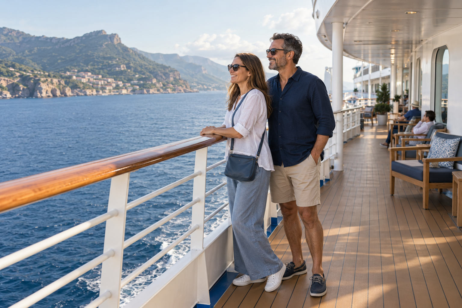 Two passengers beside a railing on a cruise ship’s promenade deck, with water beyond.