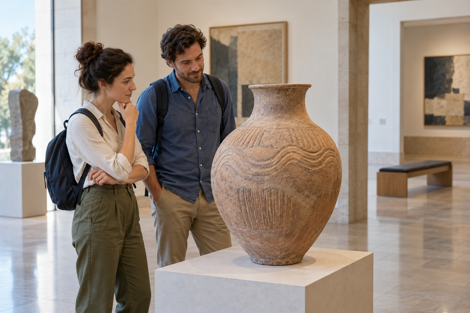 Two visitors studying a ceramic exhibit in a museum gallery.