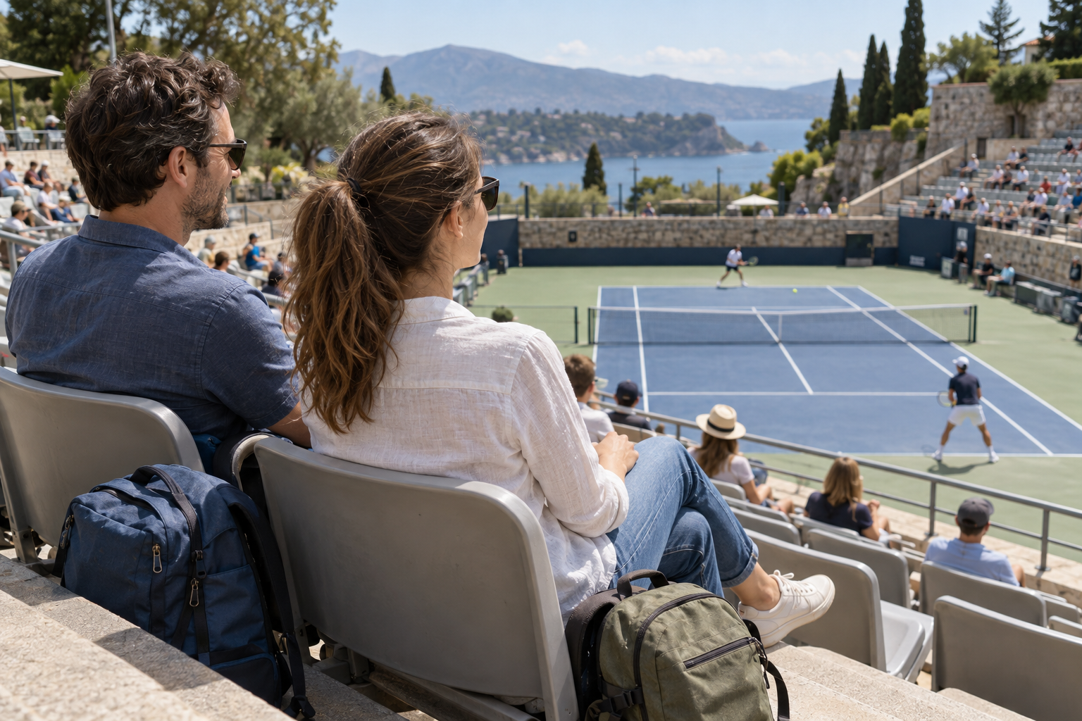 Two travellers with daypacks watching a tennis match from stadium seats.