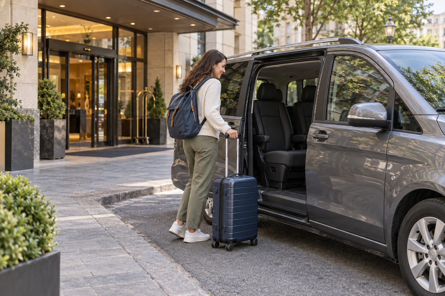 A traveller with a rolling suitcase approaching the open passenger door of a minivan outside a hotel.