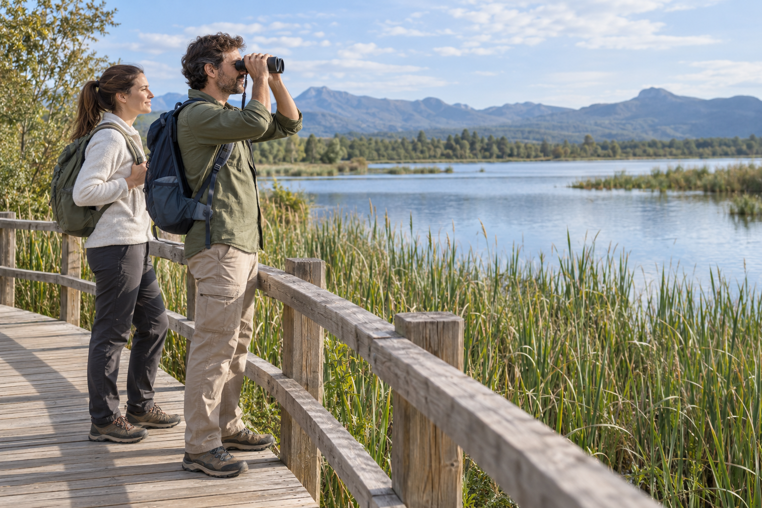 Two travellers with daypacks on a lakeside boardwalk, one looking through binoculars.