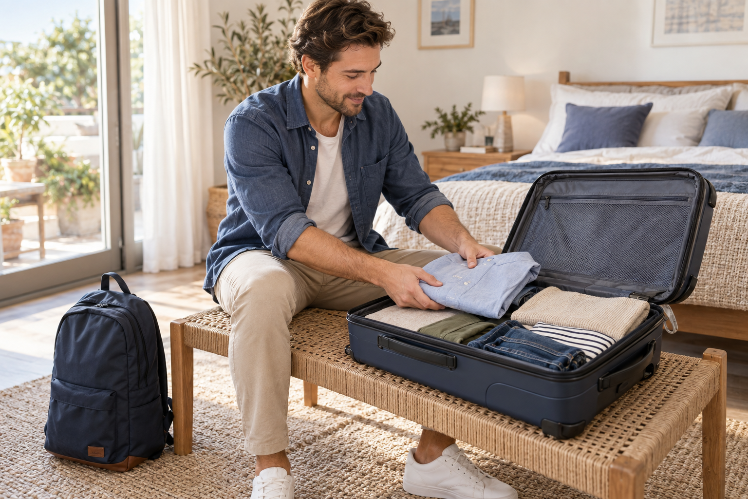 A traveller placing folded clothing into an open suitcase before departure.