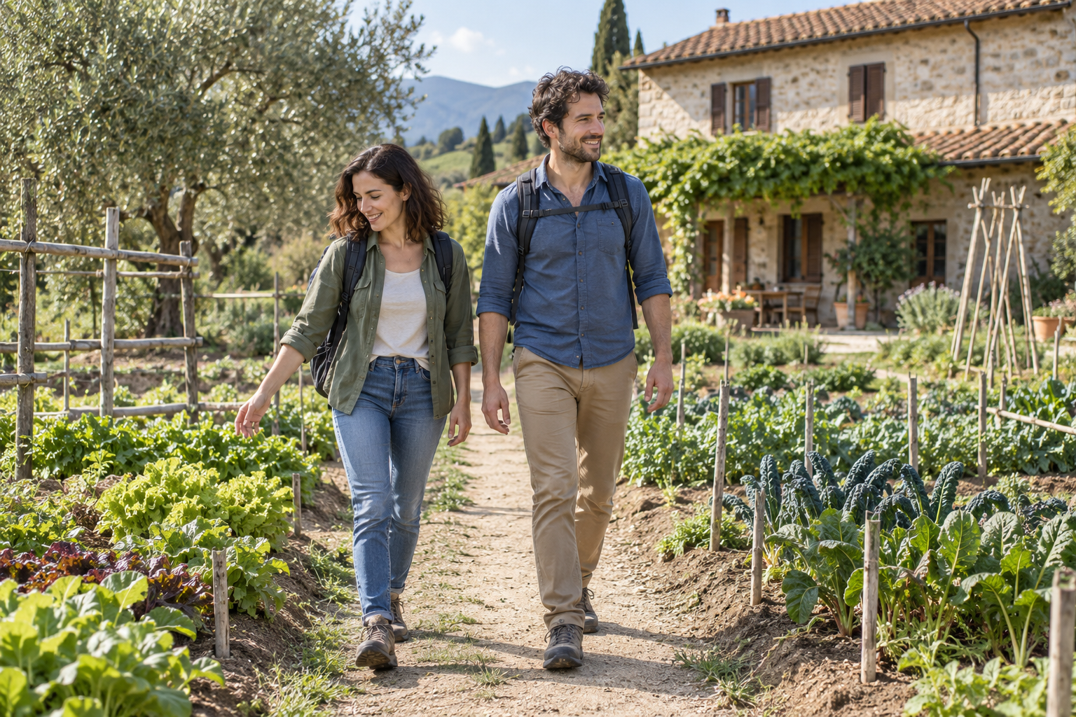 Two travellers with daypacks walking between vegetable beds, with a farmhouse beyond.