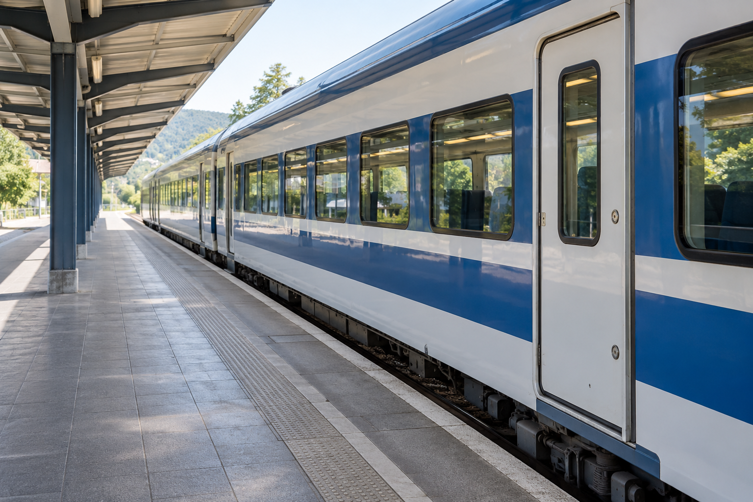 A passenger train beside a covered platform, with green hills beyond.
