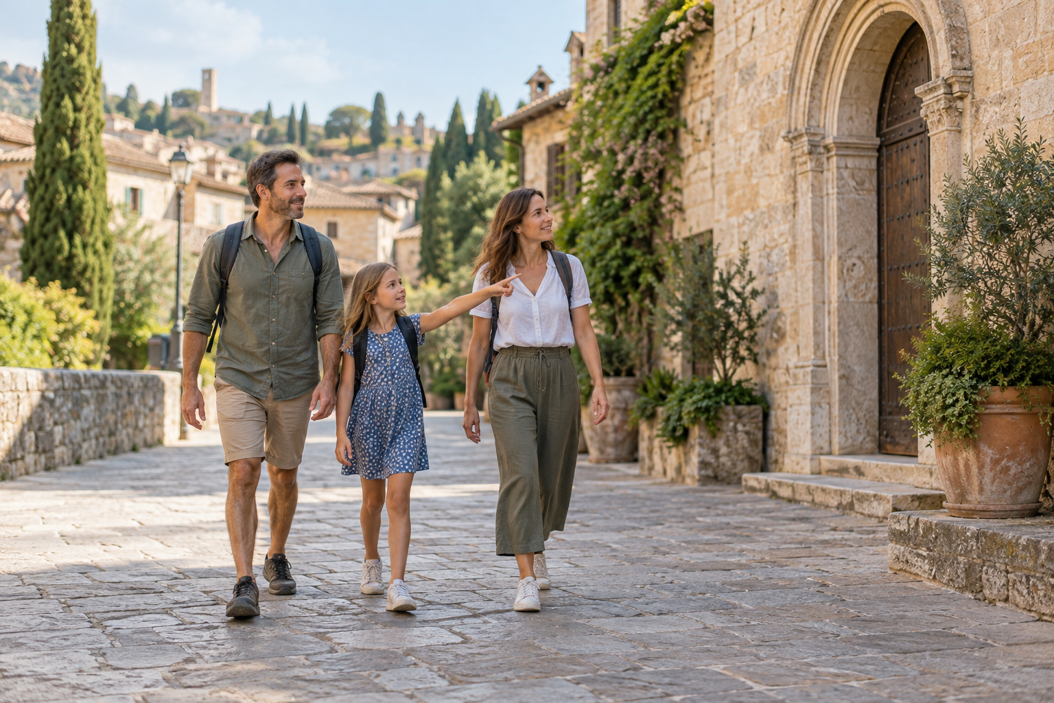 Two adults and a child walking together through a town with daypacks.